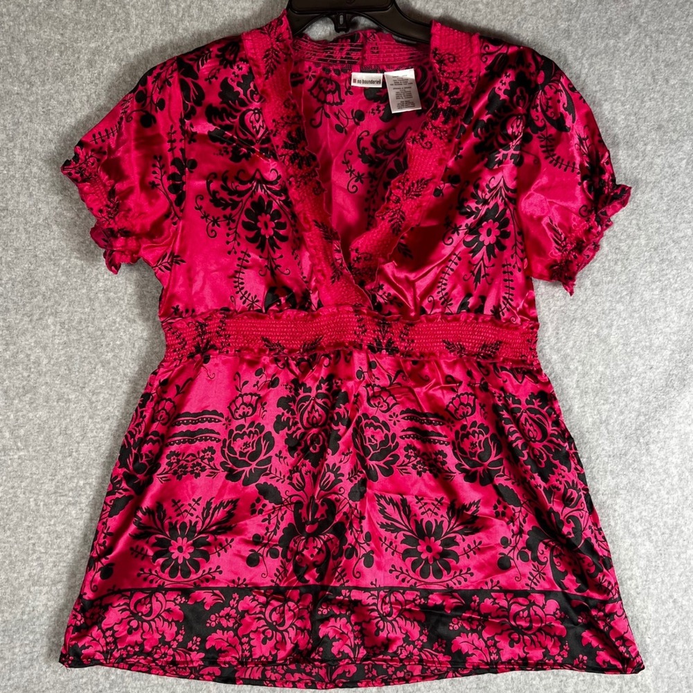 VTG 90s y2k No Boundaries Satin Babydoll Top Junior L Pink Damask Floral Empire‎